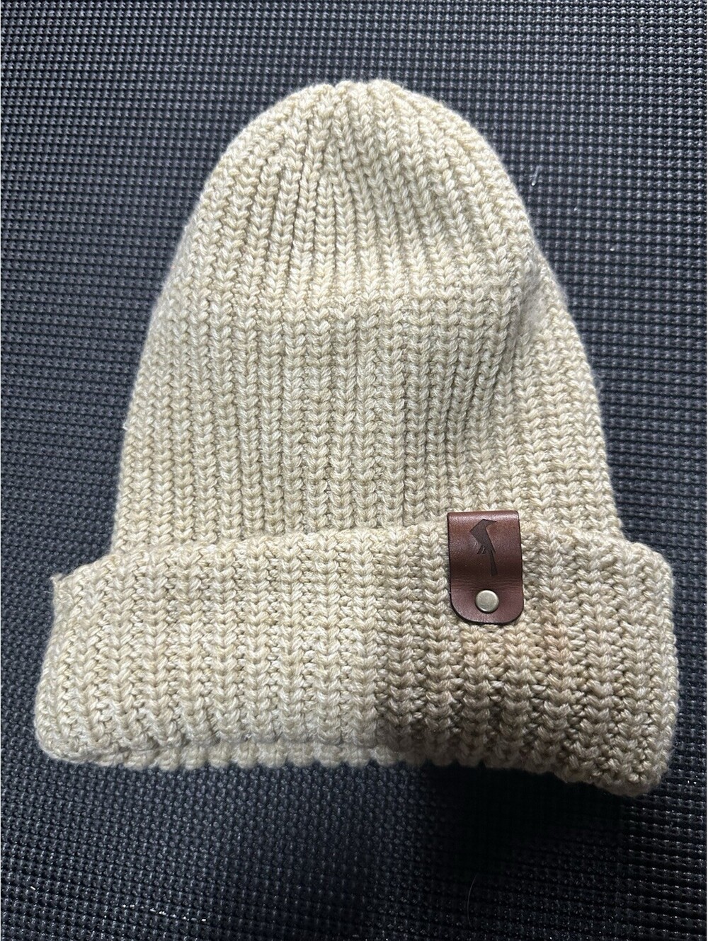 Heavyweight Ribbed Knit Beanie Hat Tan Cream Leather Patch Watch Cap